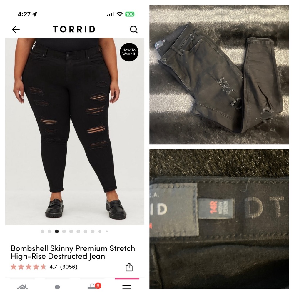 EUC Torrid Bombshell Skinny Destructed Black Size 14R